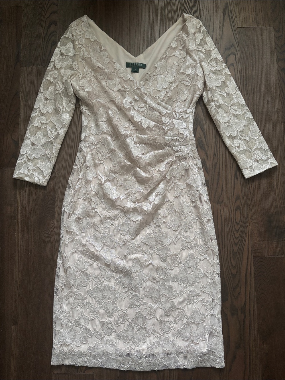 Lauren Ralph Champagne Stretch Lace Ruched V Neck Cocktail Dress